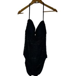 Ralph Lauren 14 Crochet Lace Overlay One Piece Swimsuit Black Textured Retro